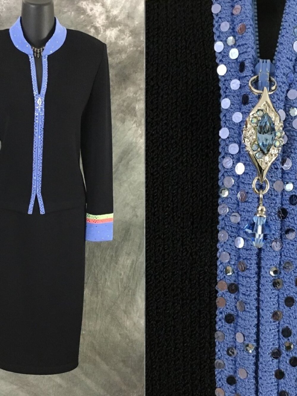 BEAUTIFUL St John evening knit black blue green multi embellished skirt suit 4